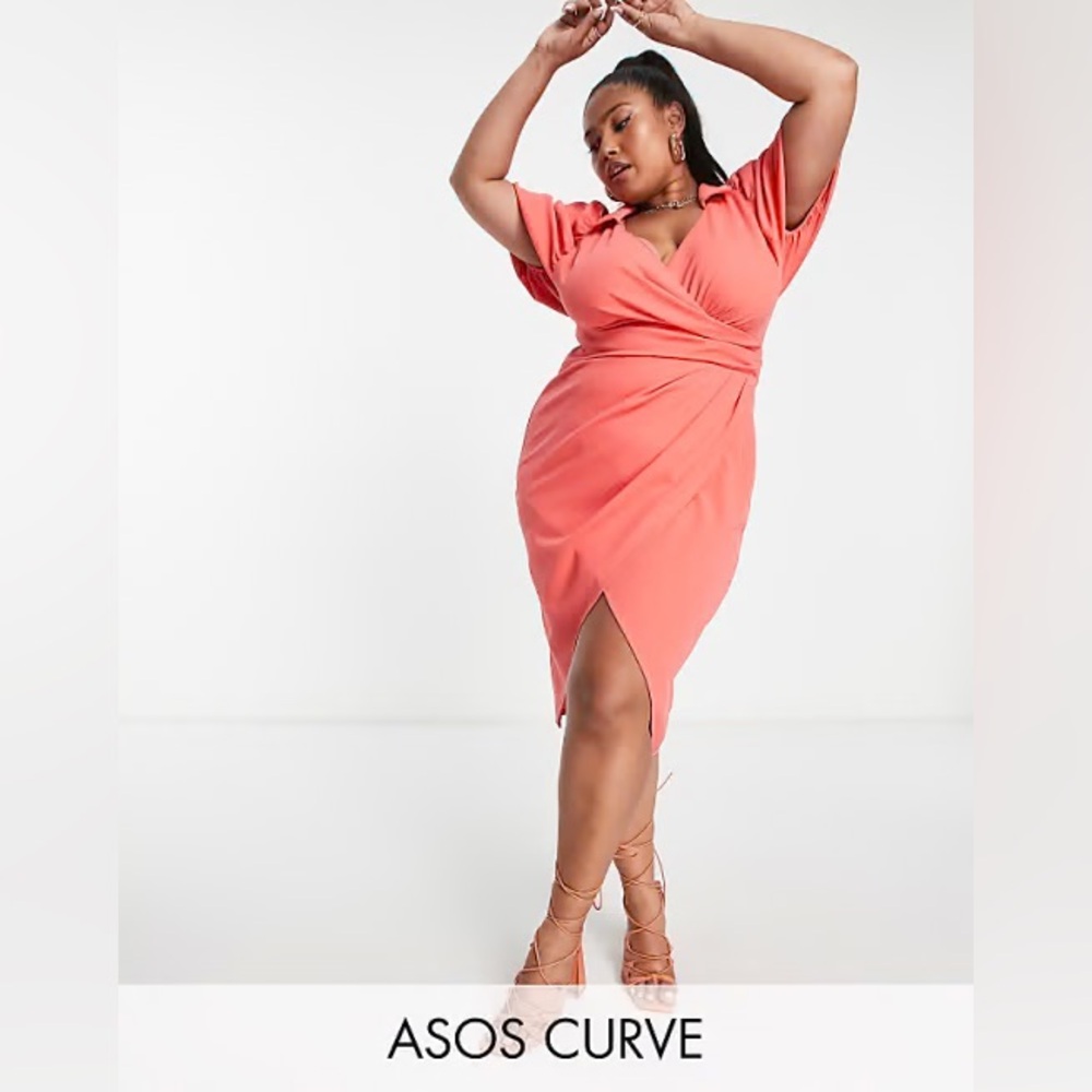ASOS Curve Coral Wrap Midi Dress